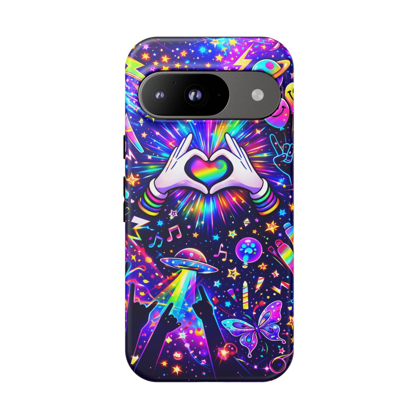 Rainbow Heart Hands Phone Case – Neon Galaxy EDM Festival Tough Cover