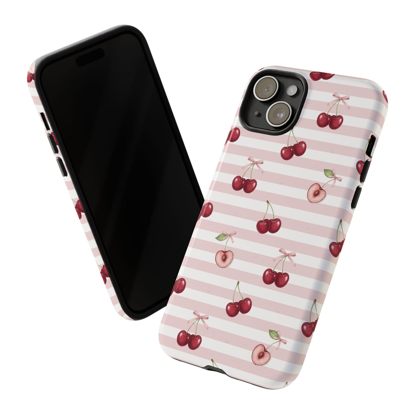 Pink Cherry Stripe Phone Case | Cute Coquette Aesthetic Protective Tough Case