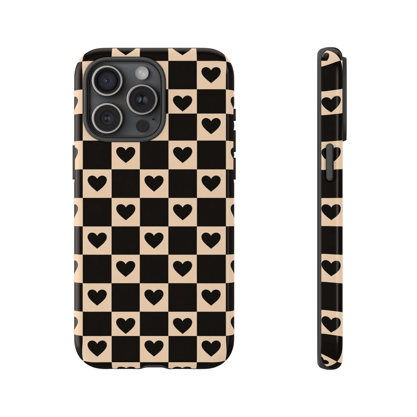 Checkerboard Heart Phone Case – Black & Beige Cute Aesthetic Protective Cover for Iphone, Samsung Galaxy and Pixel