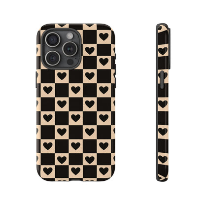 Checkerboard Heart Phone Case – Black & Beige Cute Aesthetic Protective Cover for Iphone, Samsung Galaxy and Pixel