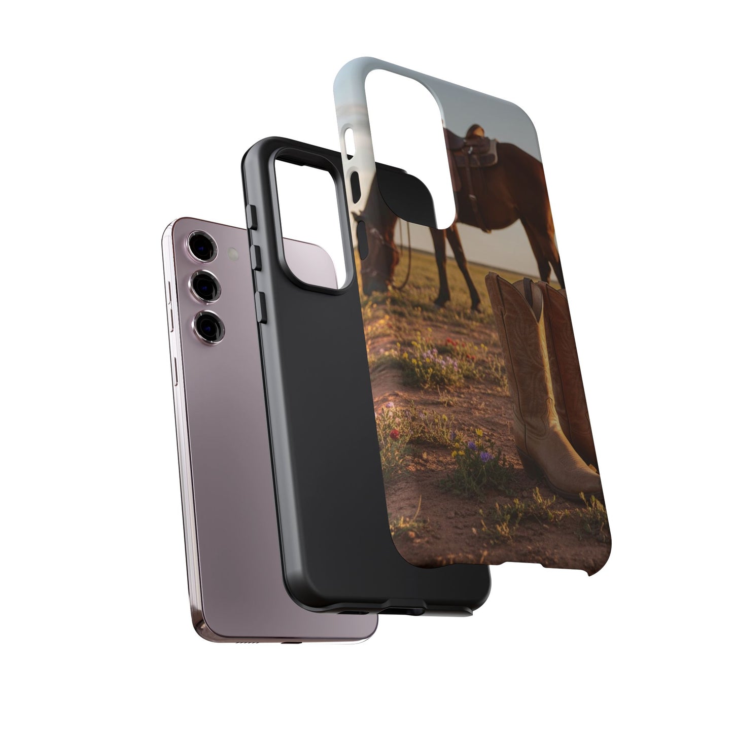 Western Cowboy Boots Phone Case – Rustic Horse Sunset Tough Case (iPhone, Samsung, Pixel)