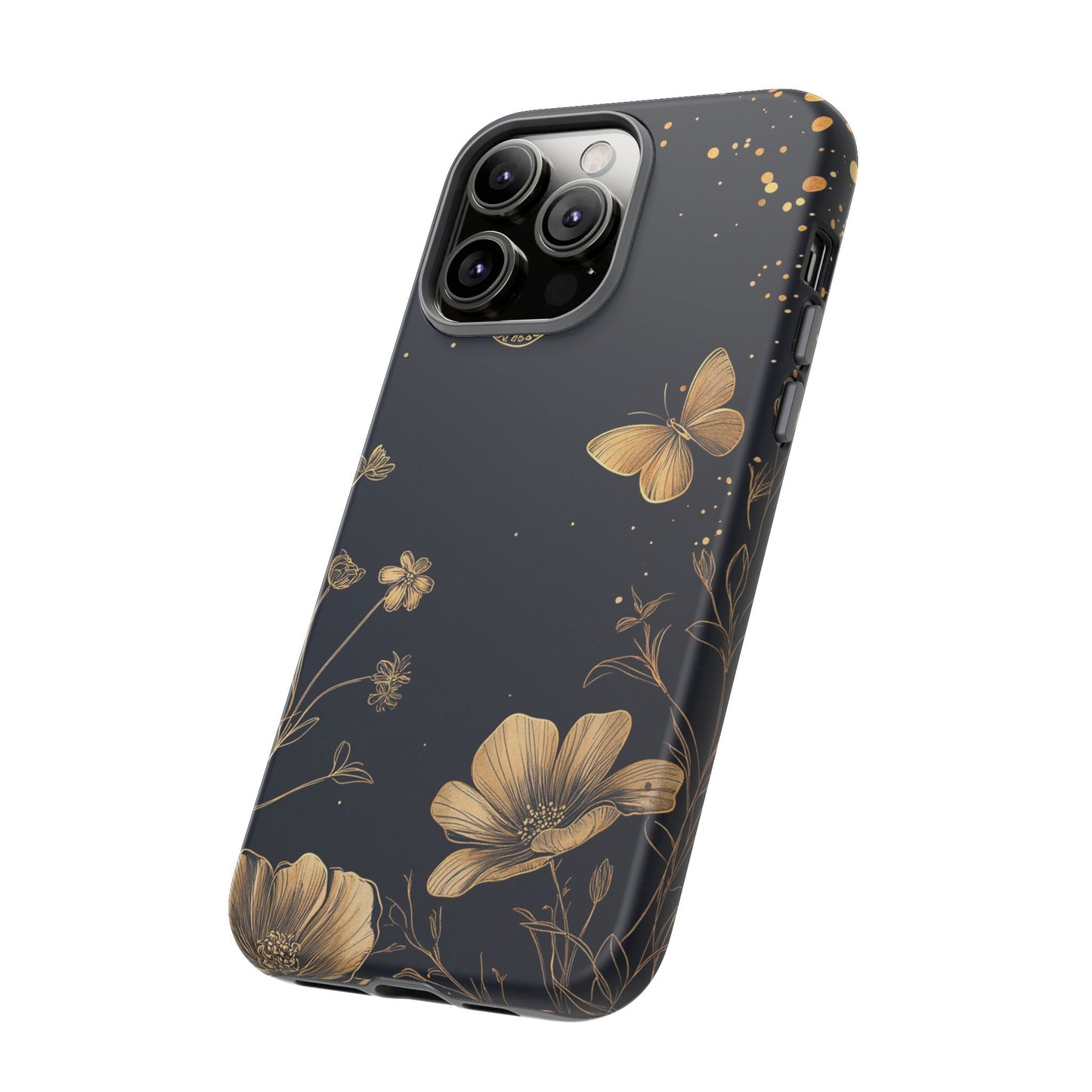 Gold Floral Butterfly Phone Case, Dark Aesthetic Botanical, Elegant Black Luxury iPhone Samsung Cover