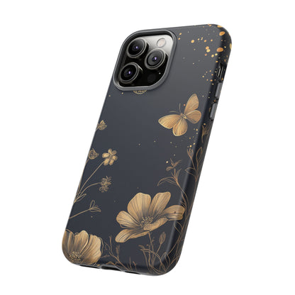 Gold Floral Butterfly Phone Case, Dark Aesthetic Botanical, Elegant Black Luxury iPhone Samsung Cover