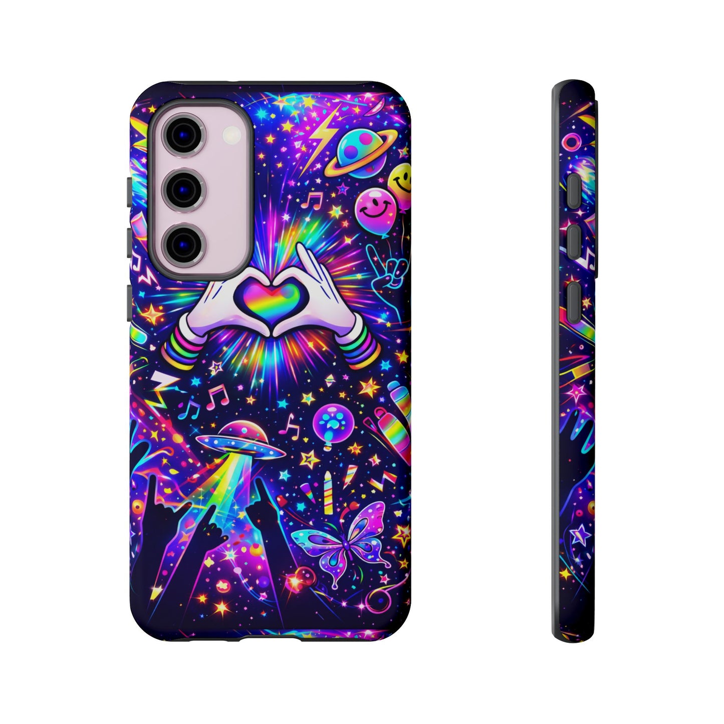 Rainbow Heart Hands Phone Case – Neon Galaxy EDM Festival Tough Cover