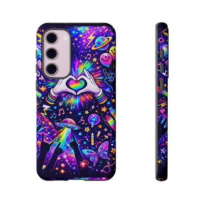 Rainbow Heart Hands Phone Case – Neon Galaxy EDM Festival Tough Cover