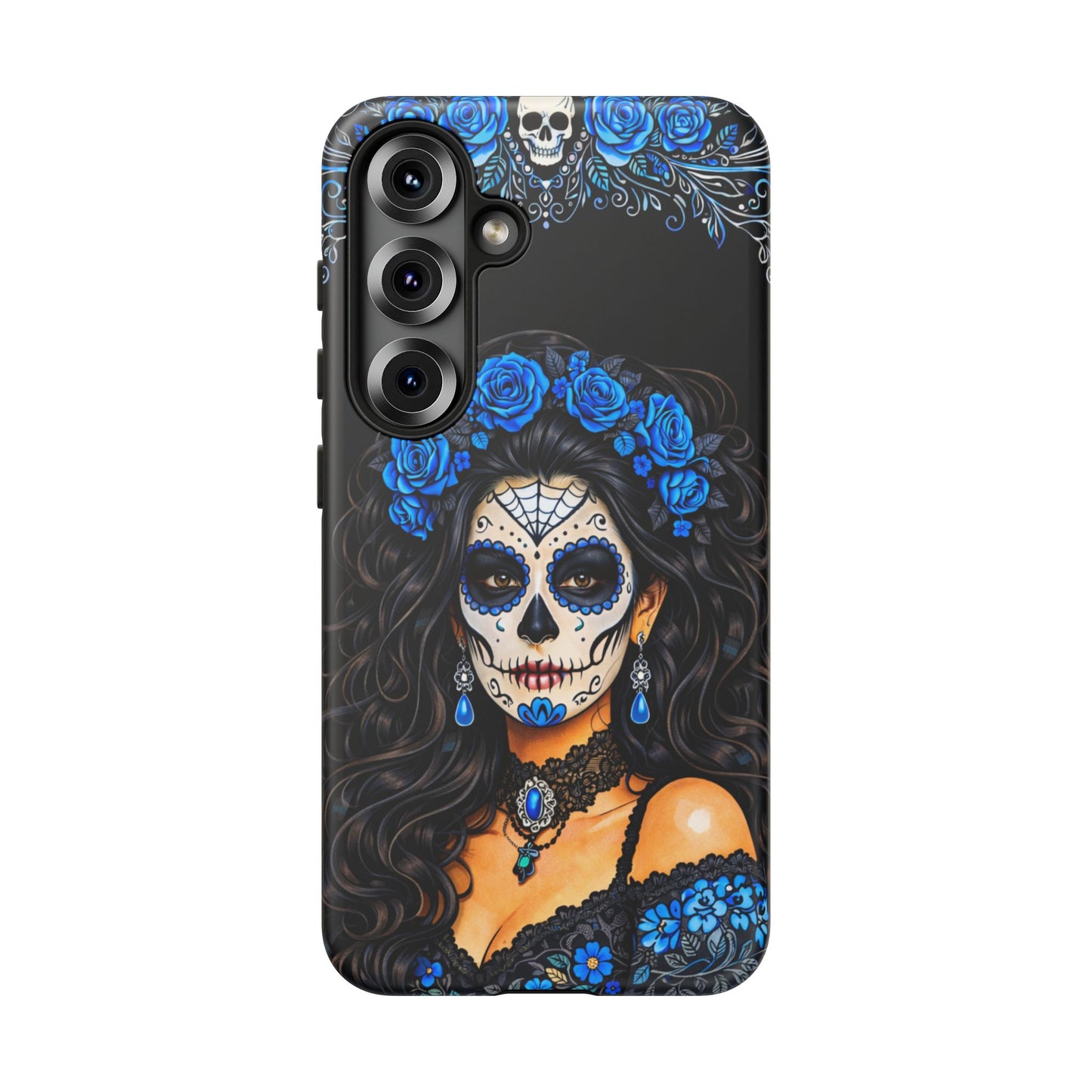 Blue Sugar Skull Woman Phone Case – Day of the Dead Aesthetic Tough Cover
