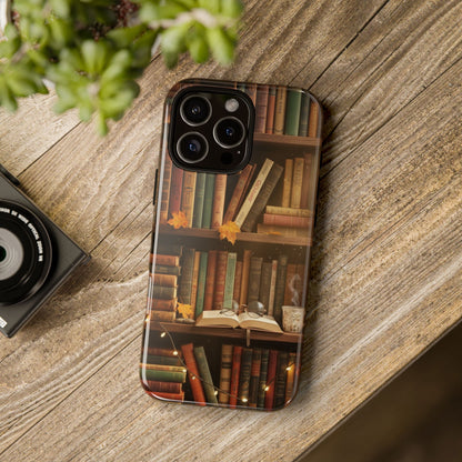 Cozy Vintage Bookshelf Phone Case, Library Aesthetic Book Stack, Autumn Coffee Vibes (iPhone, Samsung, Pixel)