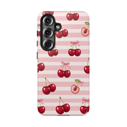 Coquette Cherry Bow Phone Case | Cute Pink Aesthetic Cherry Pattern Tough Case for iPhone & Samsung