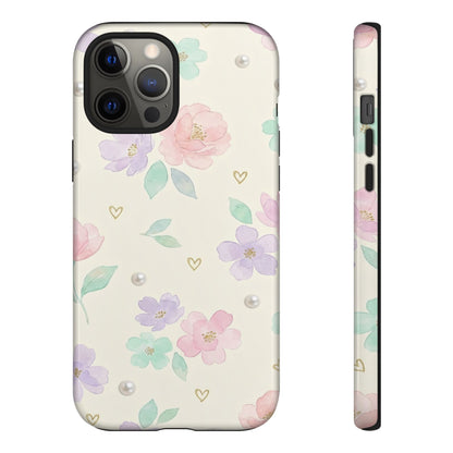 Pastel Floral Phone Case – Coquette Watercolor Flower Hearts Tough Case (iPhone, Samsung, Pixel)
