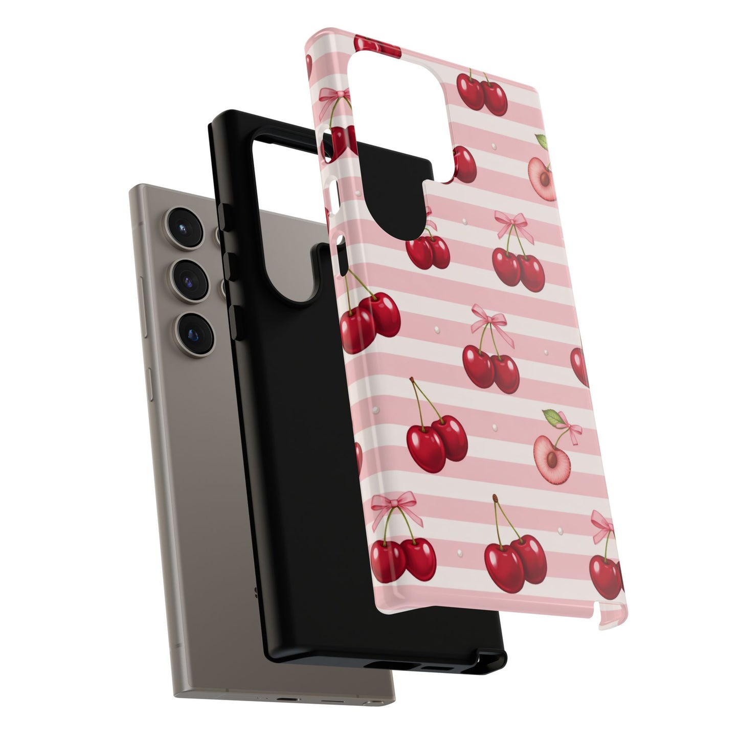Coquette Cherry Bow Phone Case | Cute Pink Aesthetic Cherry Pattern Tough Case for iPhone & Samsung