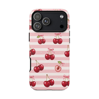 Coquette Cherry Bow Phone Case | Cute Pink Aesthetic Cherry Pattern Tough Case for iPhone & Samsung