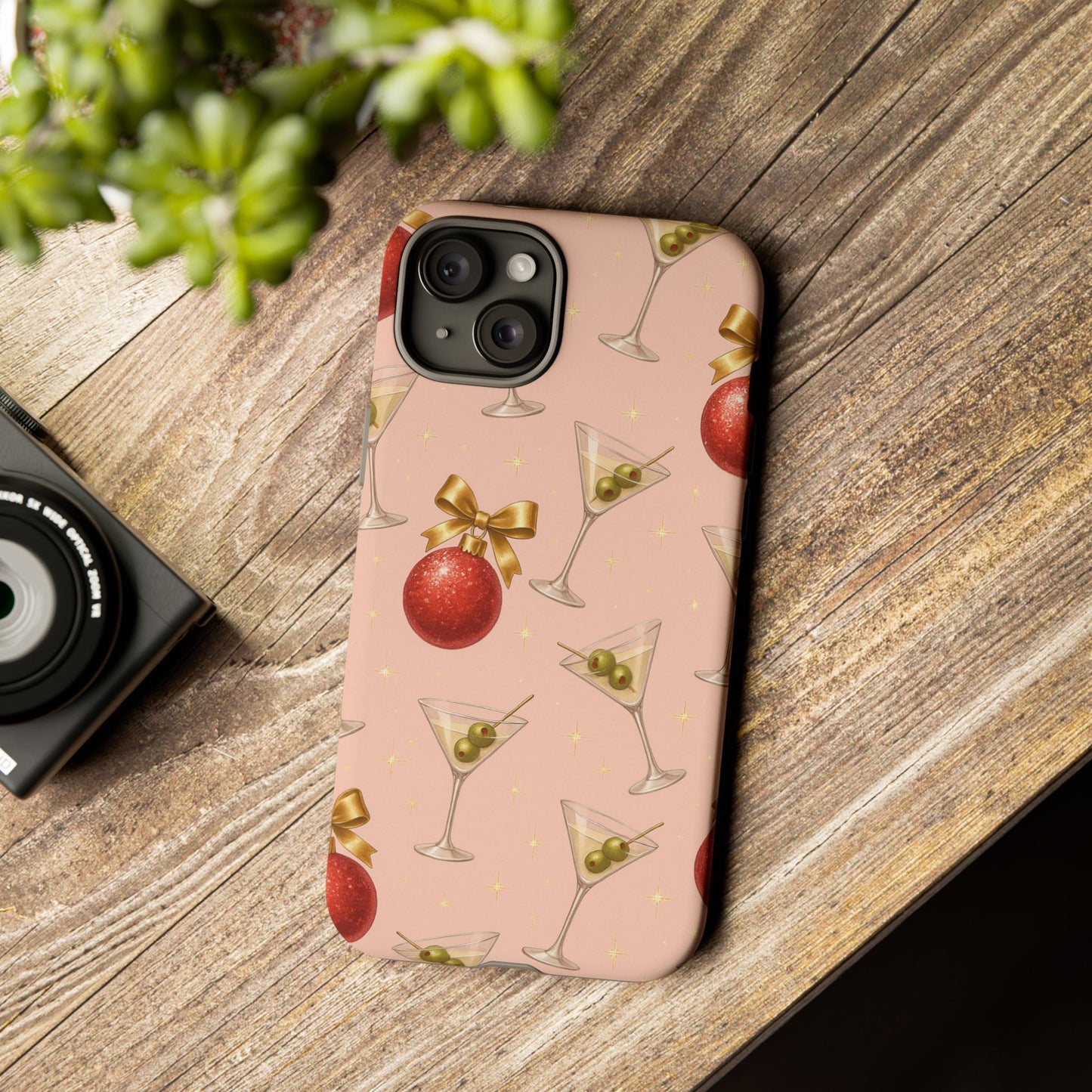 Cocktail Ornament Phone Case – Pink Martini & Cherry Pattern | Glossy or Matte for Iphone, Samsung Galaxy and Pixel