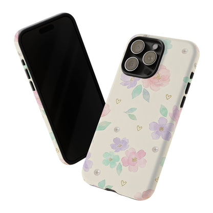 Pastel Floral Phone Case – Coquette Watercolor Flower Hearts Tough Case (iPhone, Samsung, Pixel)