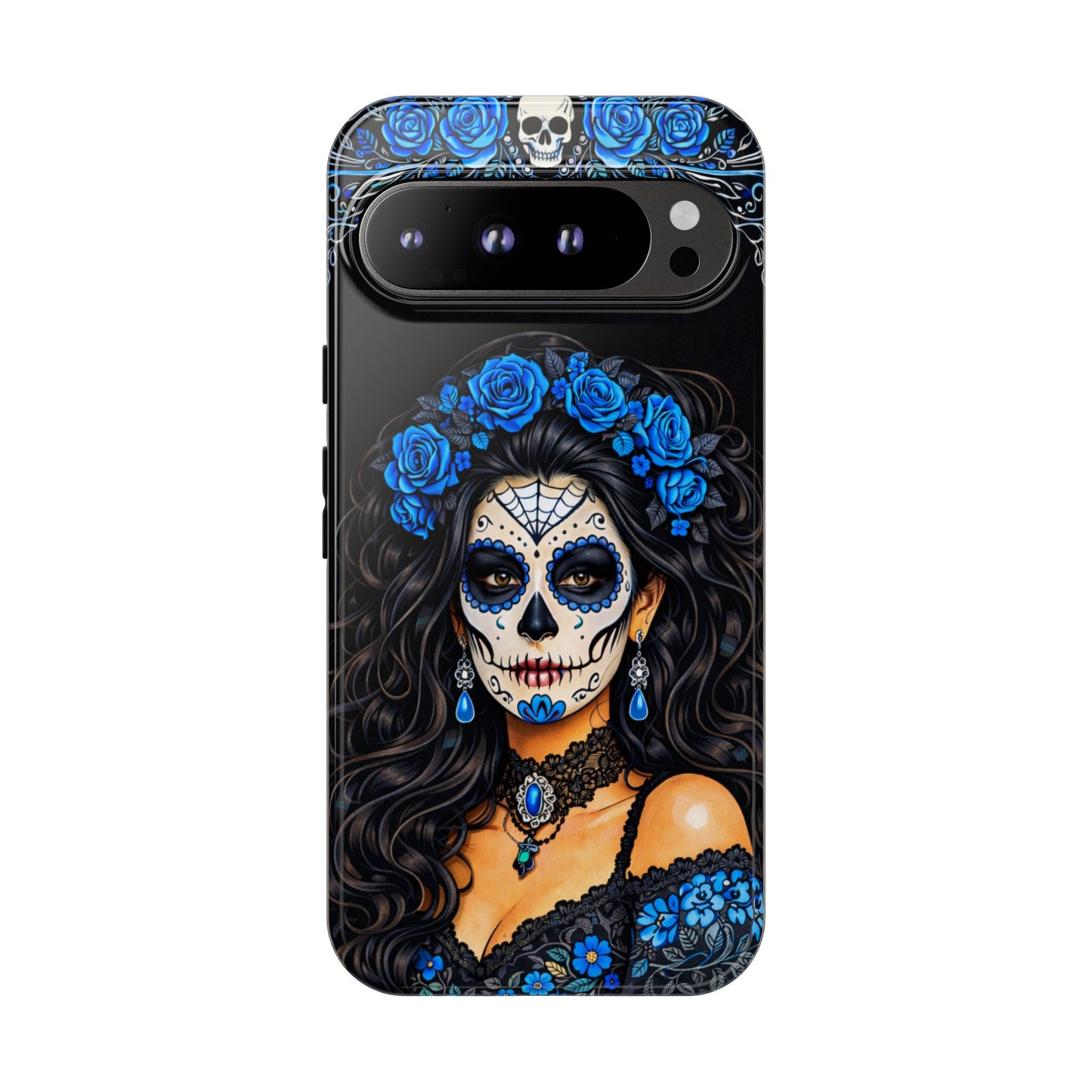 Blue Sugar Skull Woman Phone Case – Day of the Dead Aesthetic Tough Cover