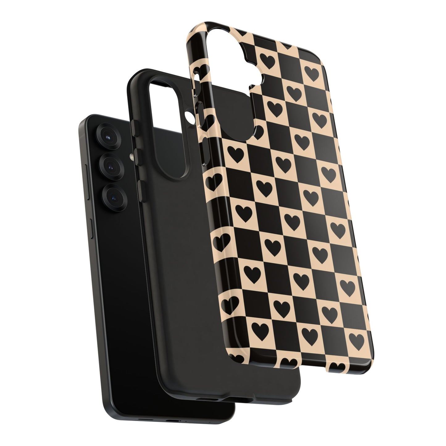 Checkerboard Heart Phone Case – Black & Beige Cute Aesthetic Protective Cover for Iphone, Samsung Galaxy and Pixel