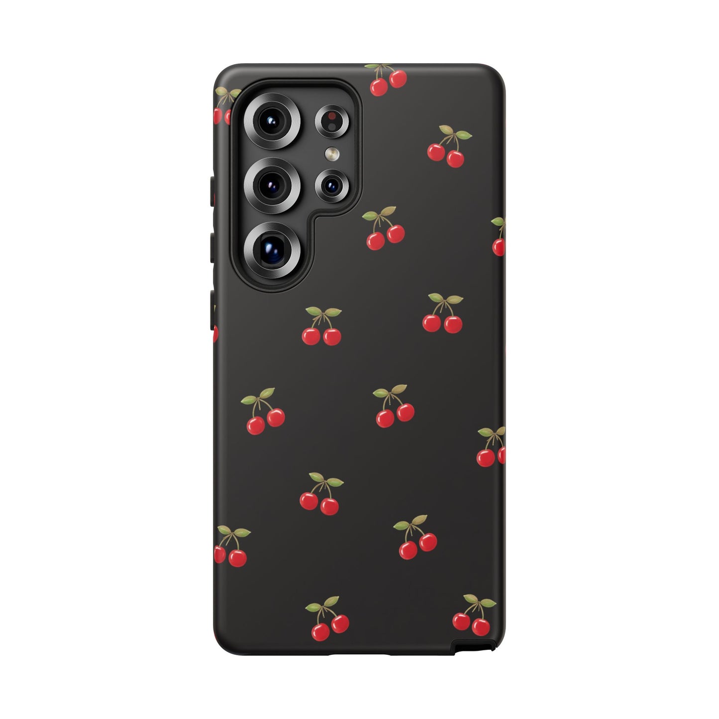 Cherry Pattern Phone Case — Slim Black Protective iPhone Case with Red Cherries for Iphone, Samsung Galaxy and Pixel