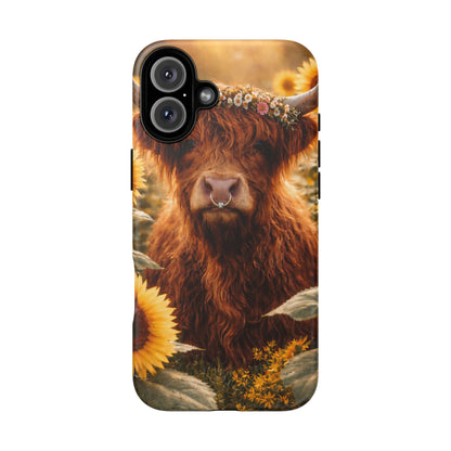 Highland Cow Sunflower Phone Case | Floral Farmhouse iPhone, Samsung Galaxy and Pixel Cover