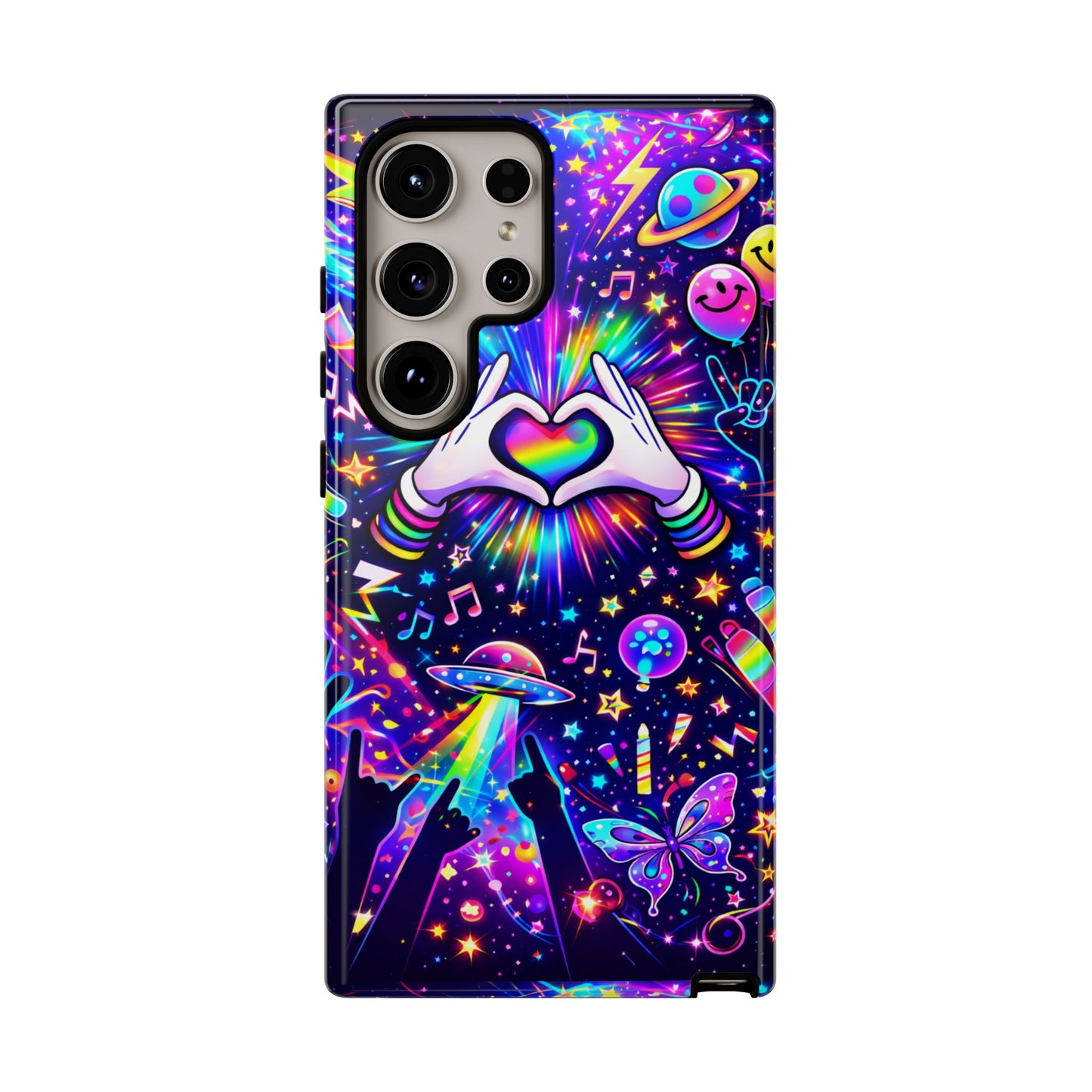 Rainbow Heart Hands Phone Case – Neon Galaxy EDM Festival Tough Cover