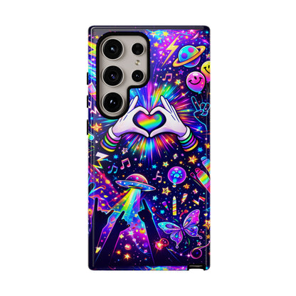 Rainbow Heart Hands Phone Case – Neon Galaxy EDM Festival Tough Cover