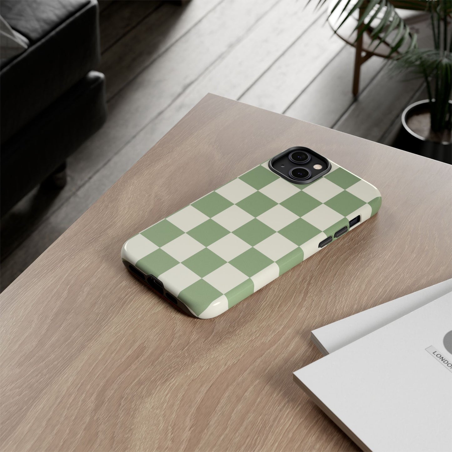 Sage Green Checkerboard Phone Case | Minimal Aesthetic Checkered iPhone & Samsung Tough Case