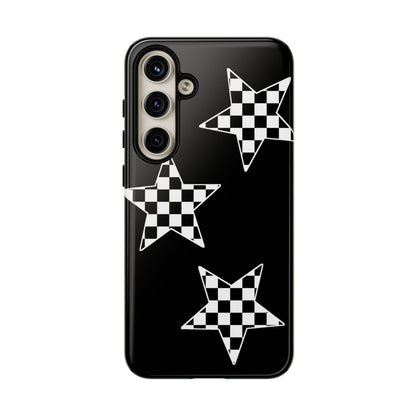Checkered Star Tough Phone Case – Black Retro Graphic Protective Cover for Iphone, Samsung Galaxy and Pixel