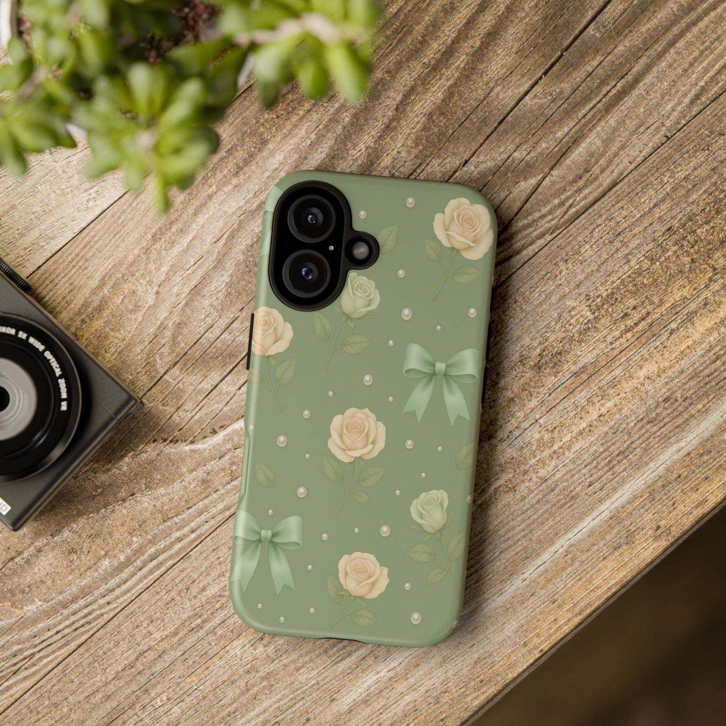 Vintage Rose Bow Phone Case – Sage Green Floral Coquette Aesthetic Tough Case (iPhone, Samsung, Pixel)