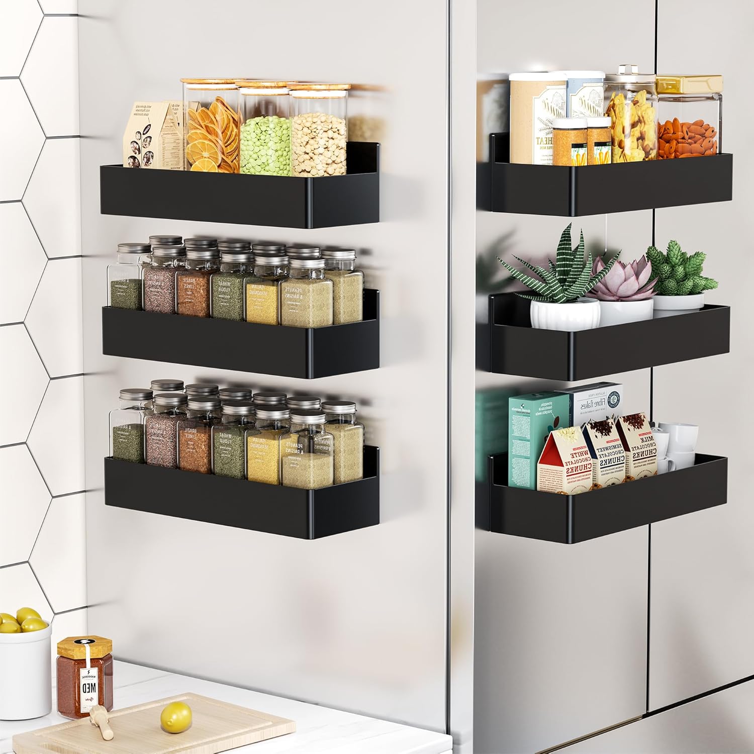 Magnetic Spice Rack for Refrigerator, Kitchen Organizer and Storage Shelf, Black (4 Pack)…