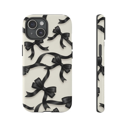 Black Ribbon Bow Phone Case, Minimal Bow Pattern Tough Protective Case