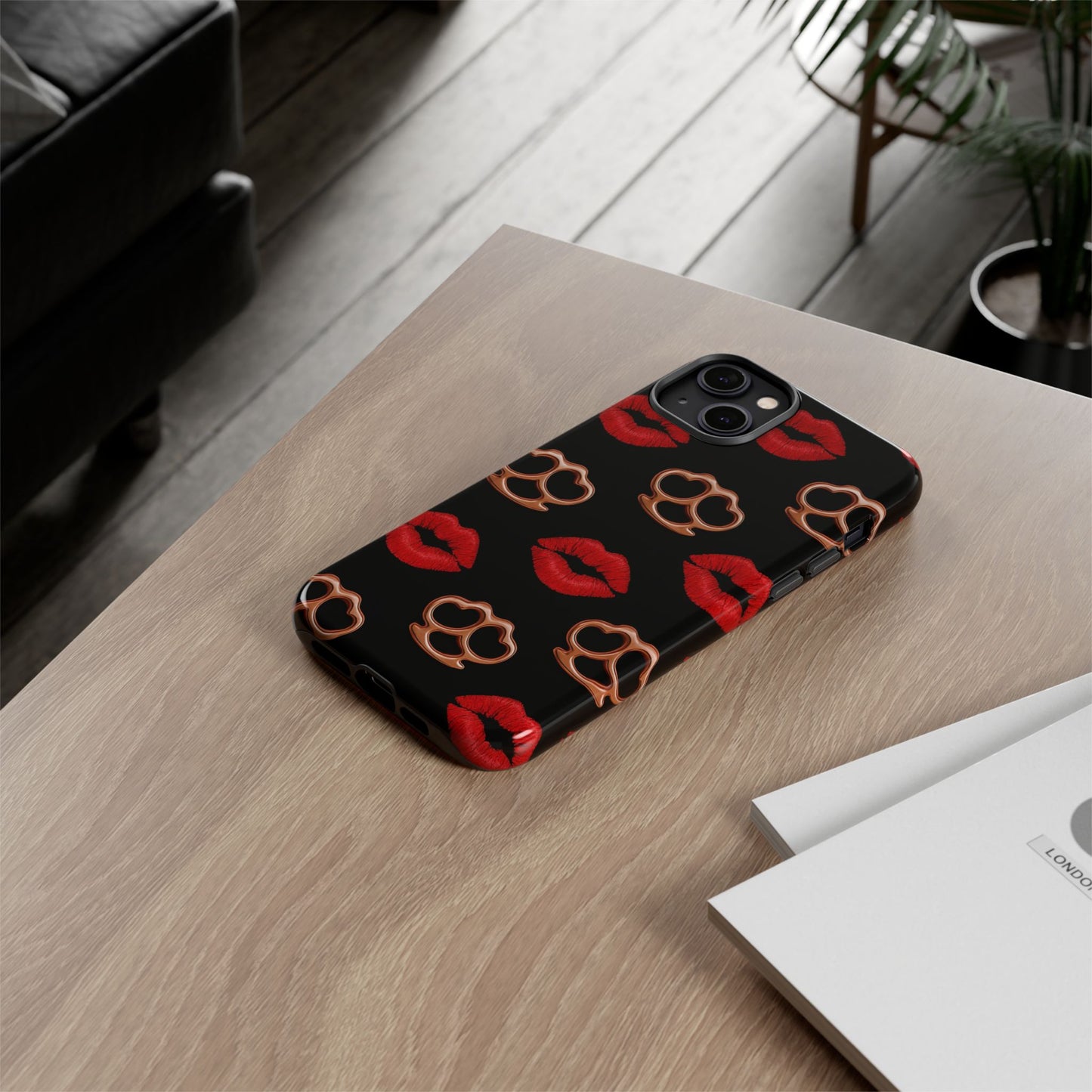 Red Lipstick & Knuckle Duster Phone Case | Bold Kiss Print Tough Protective Cover for Iphone, Samsung Galaxy and Pixel