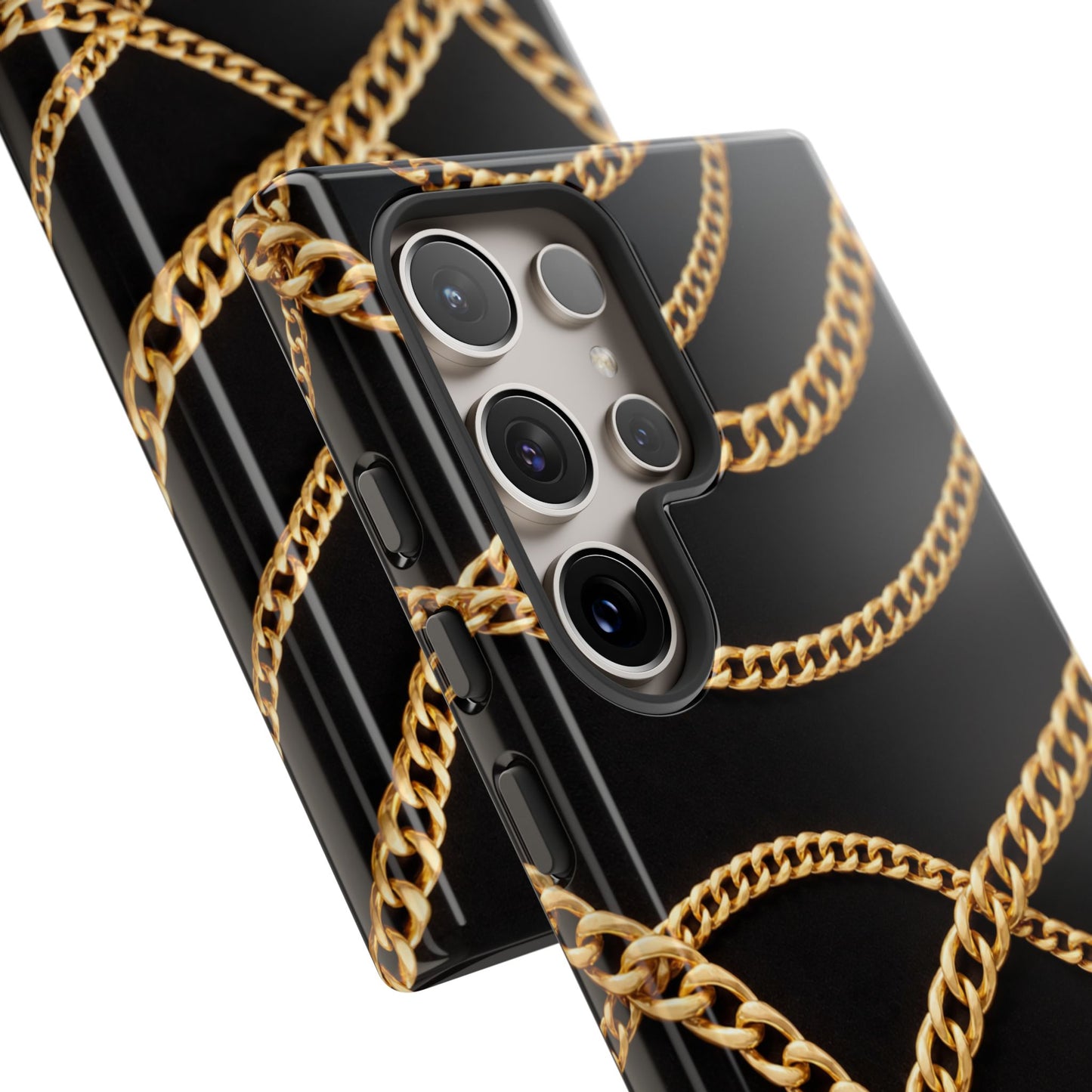Luxury Gold Chain Phone Case – Black Designer Style Tough Protective Cover for Iphone, Samsung Galaxy and Pixel