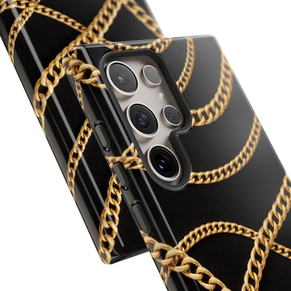 Luxury Gold Chain Phone Case – Black Designer Style Tough Protective Cover for Iphone, Samsung Galaxy and Pixel