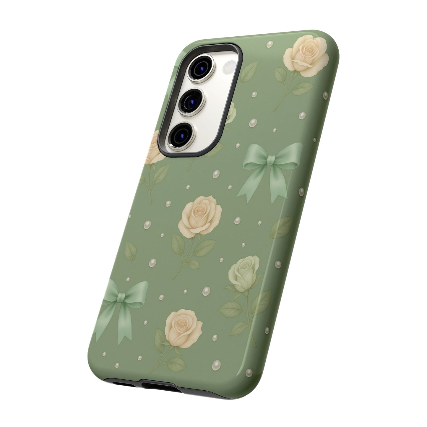 Vintage Rose Bow Phone Case – Sage Green Floral Coquette Aesthetic Tough Case (iPhone, Samsung, Pixel)