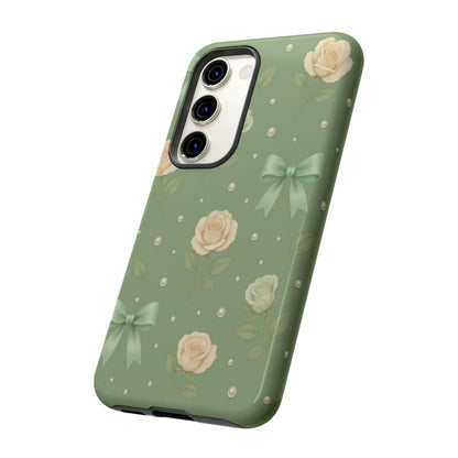 Vintage Rose Bow Phone Case – Sage Green Floral Coquette Aesthetic Tough Case (iPhone, Samsung, Pixel)