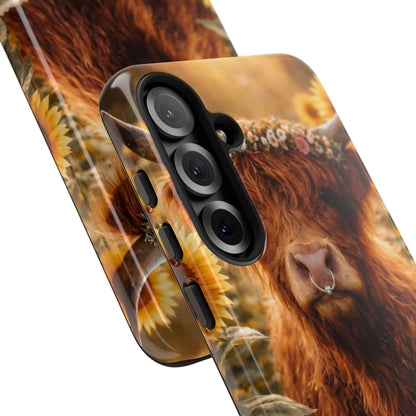 Highland Cow Sunflower Phone Case | Floral Farmhouse iPhone, Samsung Galaxy and Pixel Cover