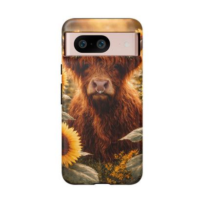 Highland Cow Sunflower Phone Case | Floral Farmhouse iPhone, Samsung Galaxy and Pixel Cover