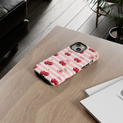 Coquette Cherry Bow Phone Case | Cute Pink Aesthetic Cherry Pattern Tough Case for iPhone & Samsung