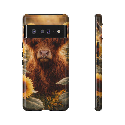 Highland Cow Sunflower Phone Case | Floral Farmhouse iPhone, Samsung Galaxy and Pixel Cover
