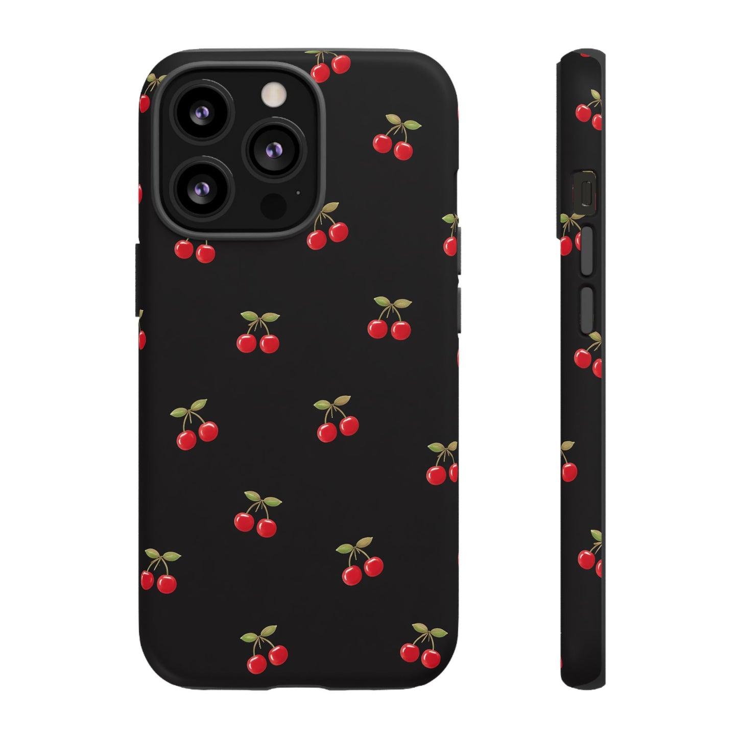 Cherry Pattern Phone Case — Slim Black Protective iPhone Case with Red Cherries for Iphone, Samsung Galaxy and Pixel