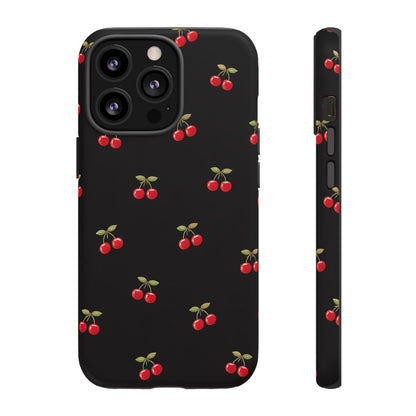 Cherry Pattern Phone Case — Slim Black Protective iPhone Case with Red Cherries for Iphone, Samsung Galaxy and Pixel