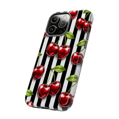 Cherry Pattern Phone Case Black White Stripe Retro Aesthetic Tough Cover