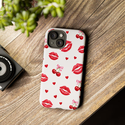 Red Lips & Cherry Phone Case – Y2K Retro Aesthetic Tough Cover