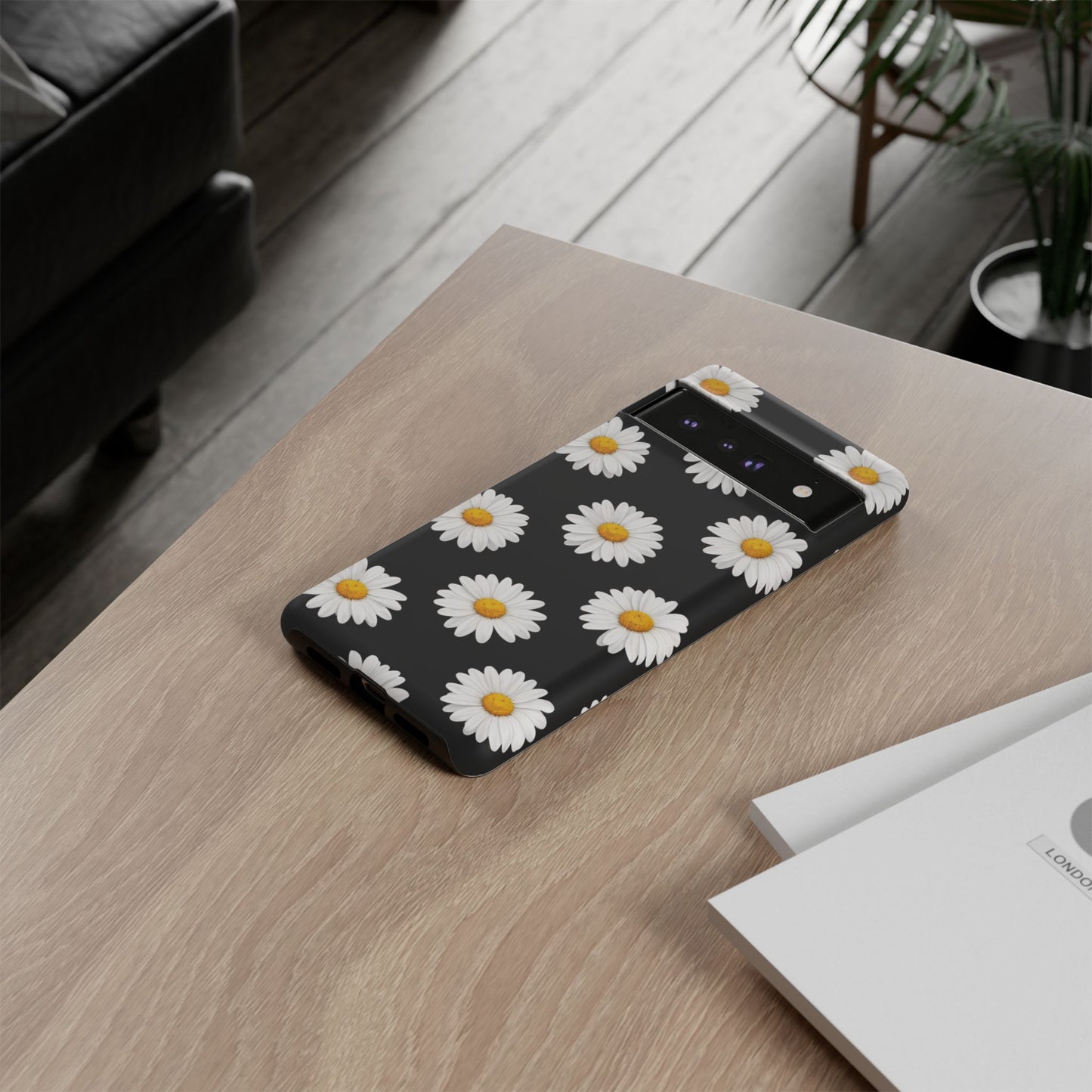 Black Daisy Floral Tough Phone Case – Cute Protective Cover for Iphone, Samsung Galaxy and Pixel