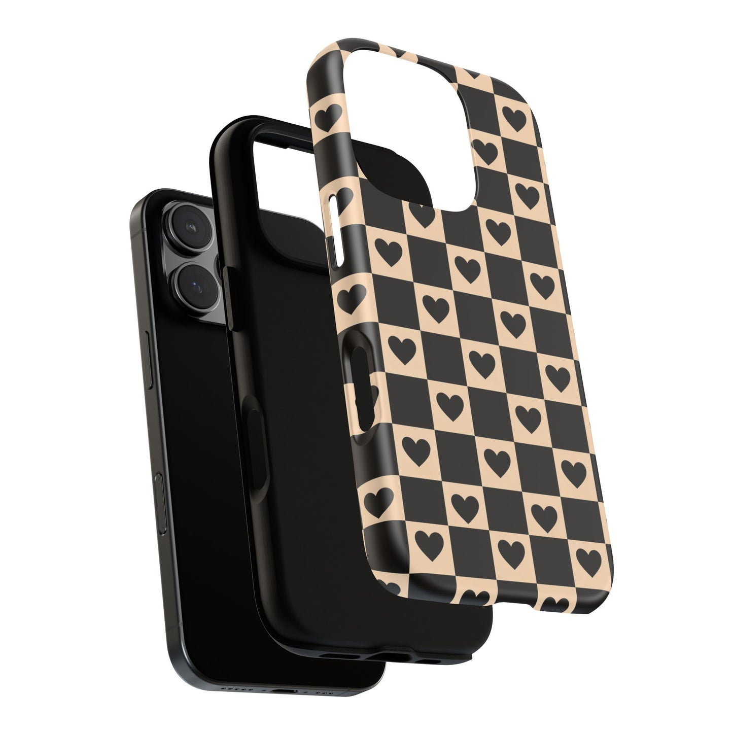 Checkerboard Heart Phone Case – Black & Beige Cute Aesthetic Protective Cover for Iphone, Samsung Galaxy and Pixel
