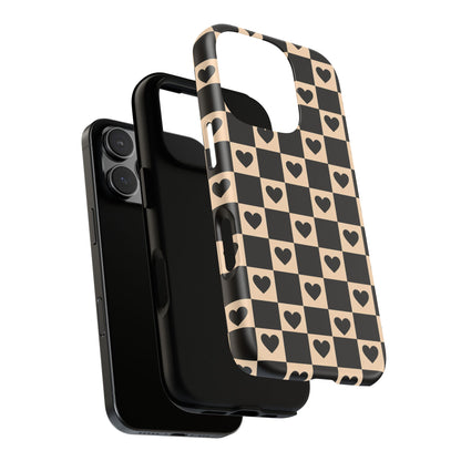 Checkerboard Heart Phone Case – Black & Beige Cute Aesthetic Protective Cover for Iphone, Samsung Galaxy and Pixel