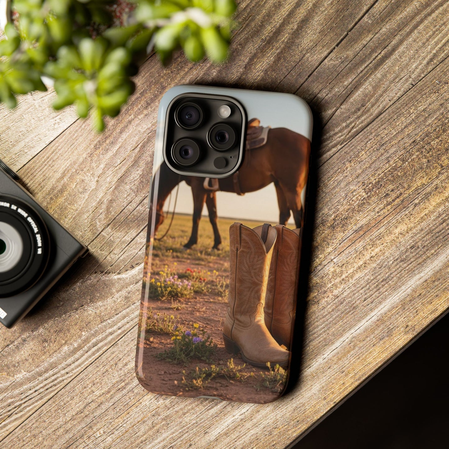 Western Cowboy Boots Phone Case – Rustic Horse Sunset Tough Case (iPhone, Samsung, Pixel)