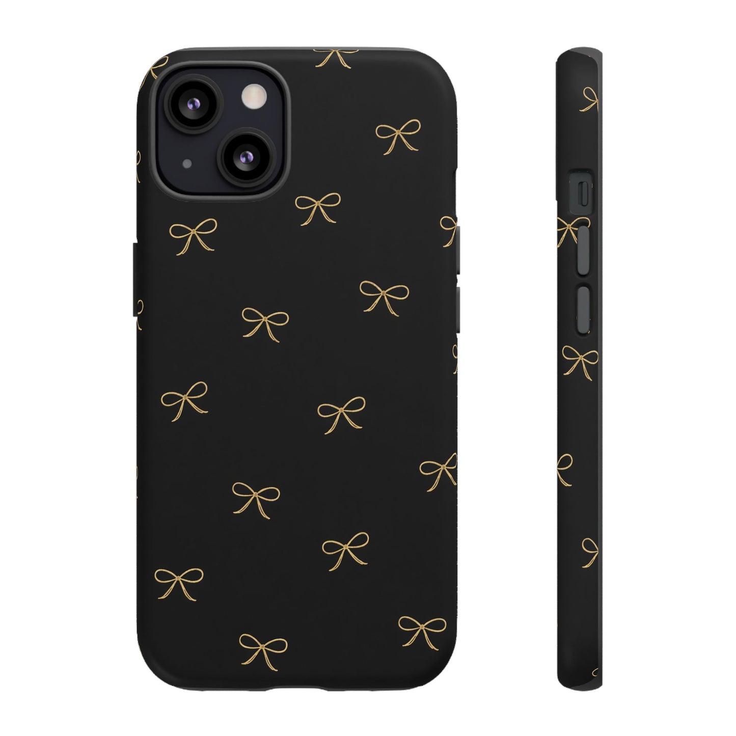 Black Phone Case with Gold Bow Pattern – Slim Protective Cute Aesthetic Cover for Iphone, Samsung Galaxy and Pixel