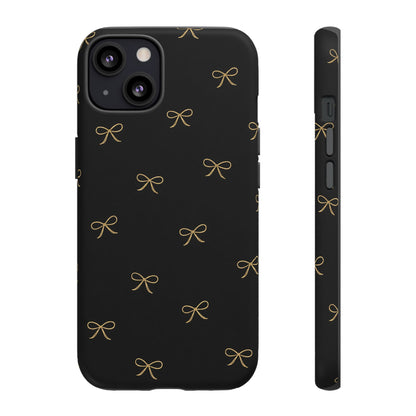 Black Phone Case with Gold Bow Pattern – Slim Protective Cute Aesthetic Cover for Iphone, Samsung Galaxy and Pixel