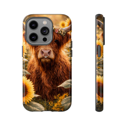 Highland Cow Sunflower Phone Case | Floral Farmhouse iPhone, Samsung Galaxy and Pixel Cover