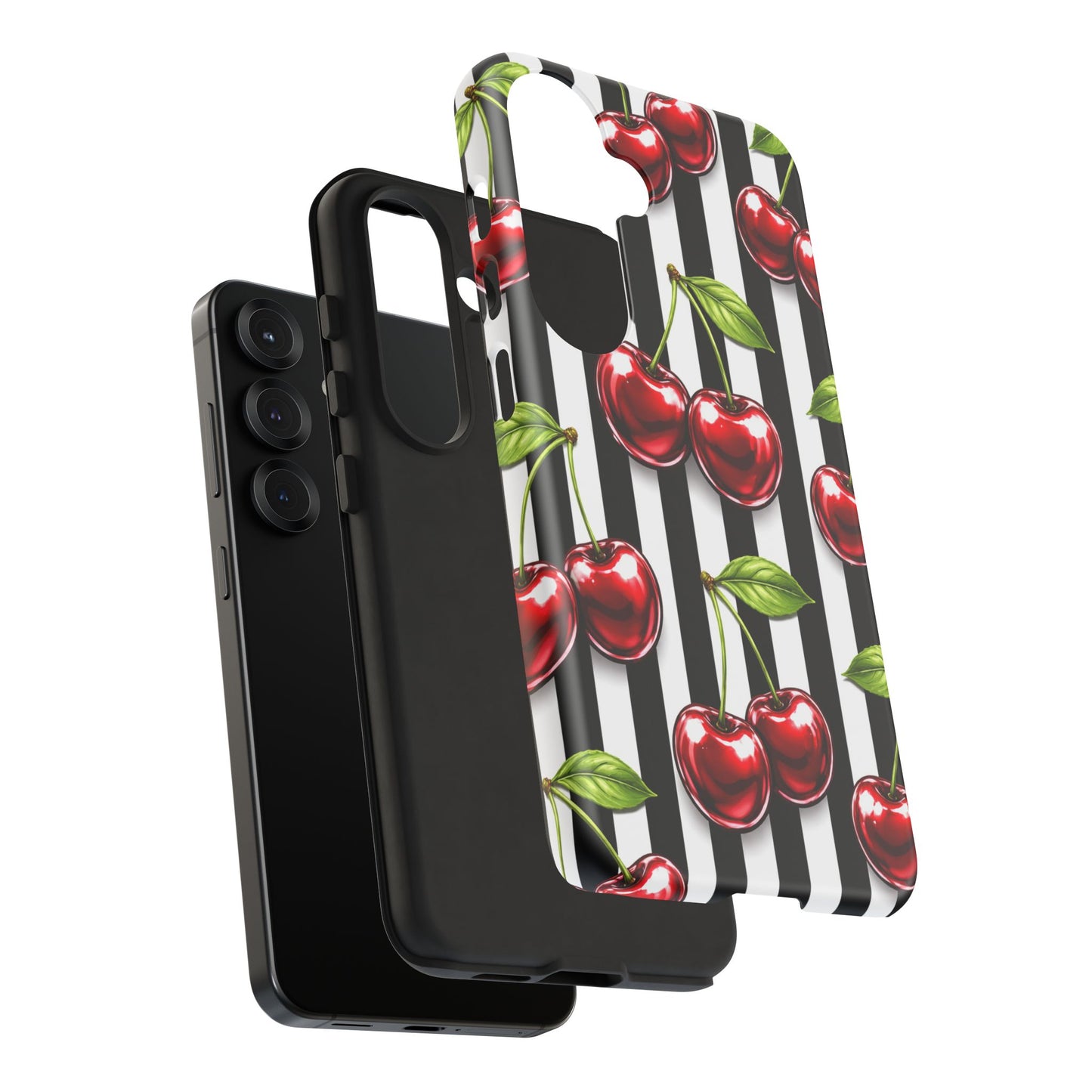 Cherry Pattern Phone Case Black White Stripe Retro Aesthetic Tough Cover