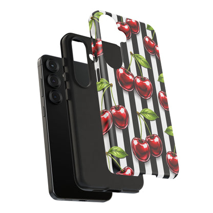 Cherry Pattern Phone Case Black White Stripe Retro Aesthetic Tough Cover